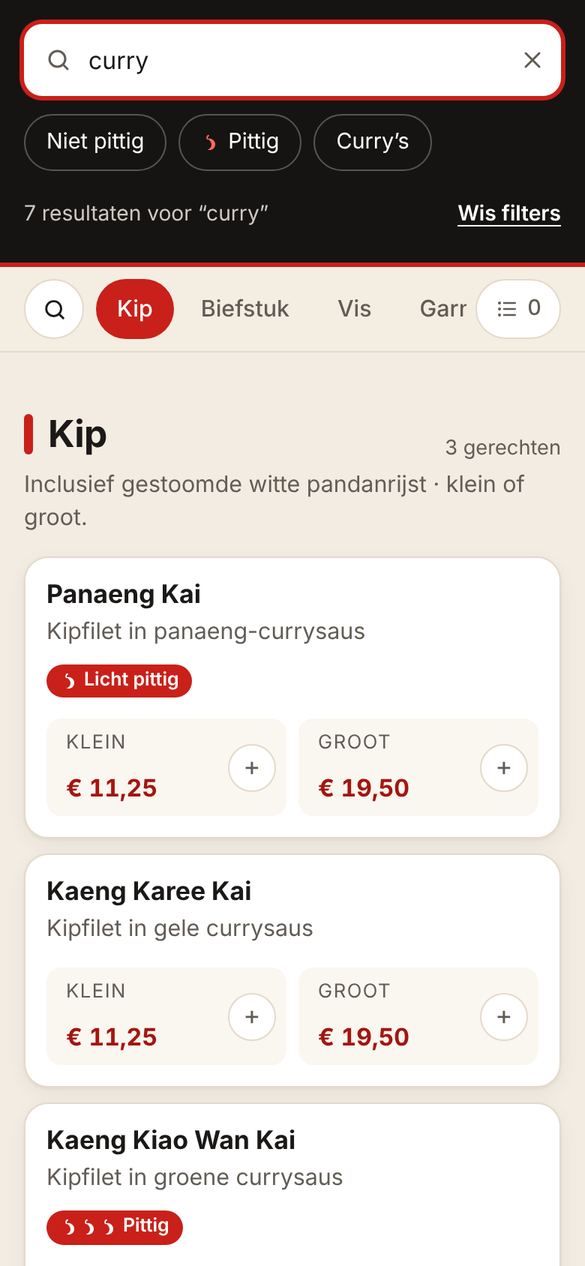 Zoeken op curry geeft zeven resultaten, met labels voor pittigheid