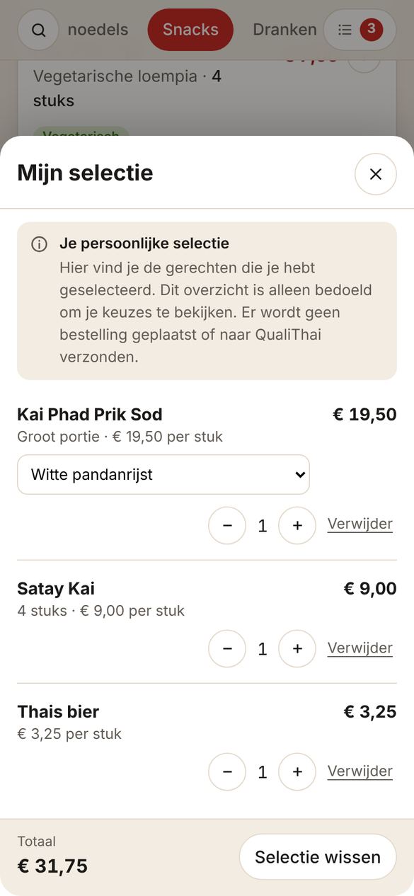 Het overzicht Mijn selectie met drie gekozen gerechten en het totaalbedrag